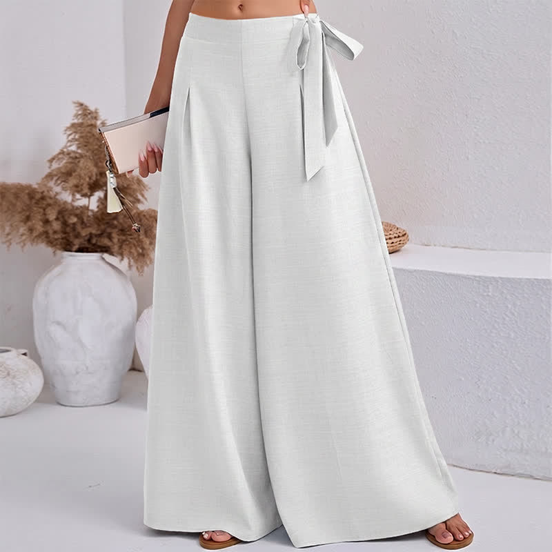 Buddha Stones Spring Casual Retro Plain Drawstring Women's Wide Leg Pants With Pockets