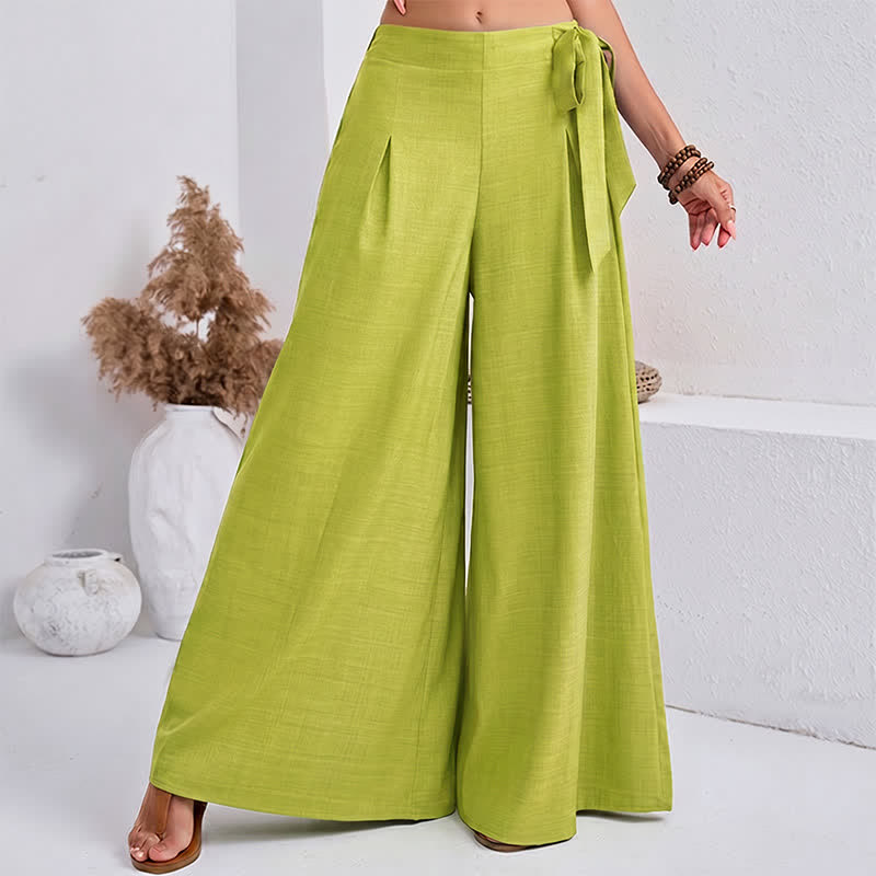 Buddha Stones Spring Casual Retro Plain Drawstring Women's Wide Leg Pants With Pockets