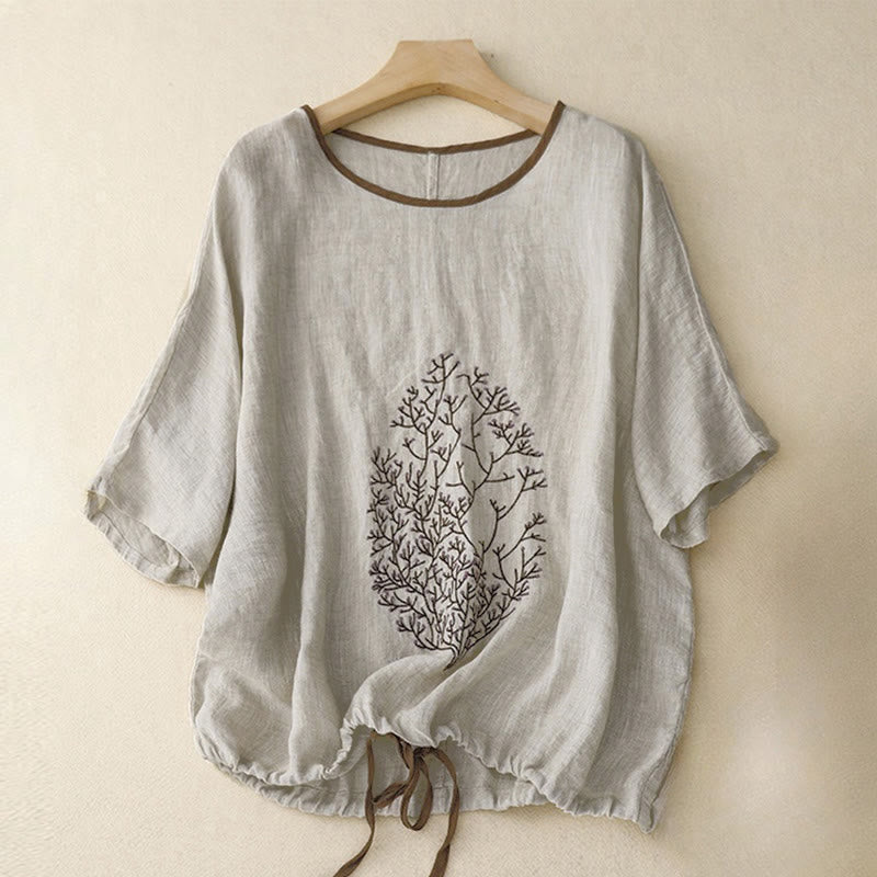 Buddha Stones Casual Embroidery Tree Drawstring Women's Crew Neck Design Half Sleeve T-Shirt