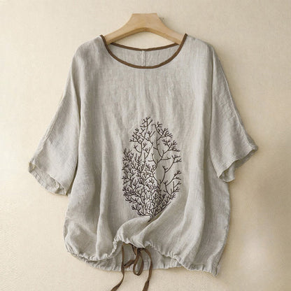 Buddha Stones Casual Embroidery Tree Drawstring Women's Crew Neck Design Half Sleeve T-Shirt