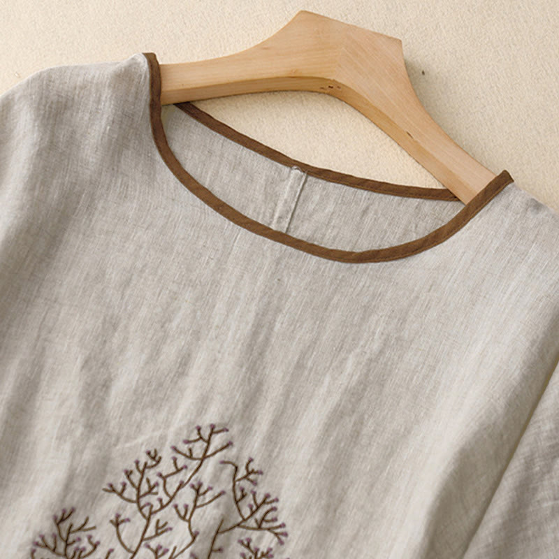 Buddha Stones Casual Embroidery Tree Drawstring Women's Crew Neck Design Half Sleeve T-Shirt