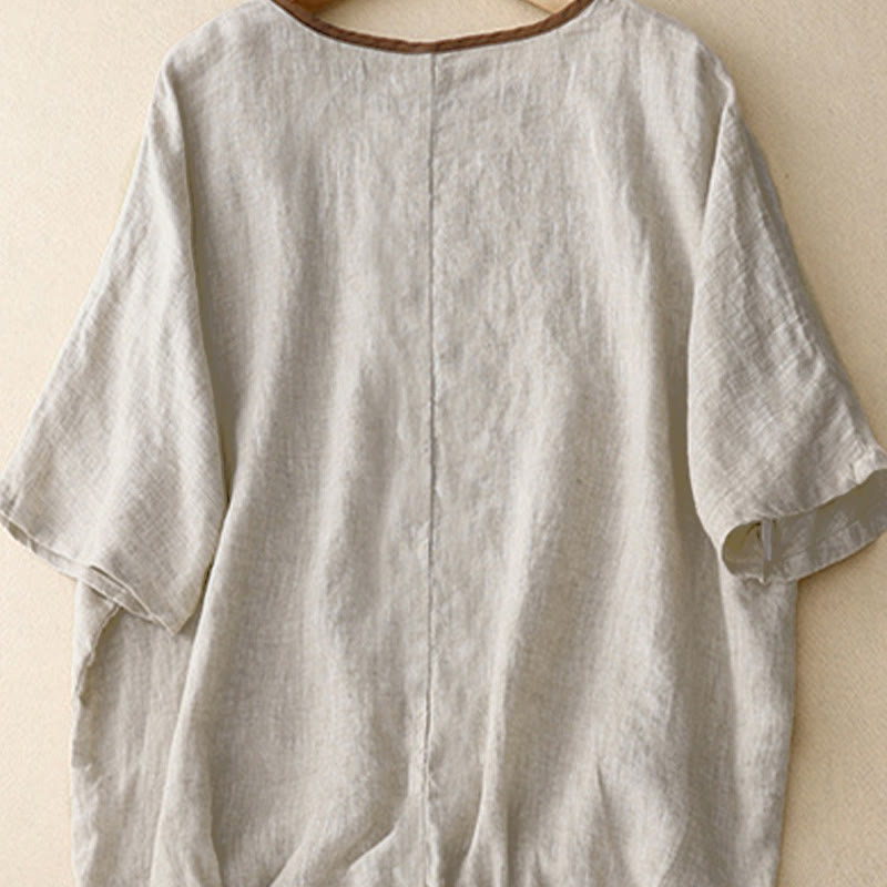 Buddha Stones Casual Embroidery Tree Drawstring Women's Crew Neck Design Half Sleeve T-Shirt