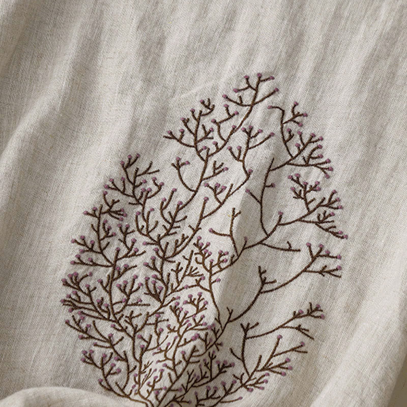 Buddha Stones Casual Embroidery Tree Drawstring Women's Crew Neck Design Half Sleeve T-Shirt
