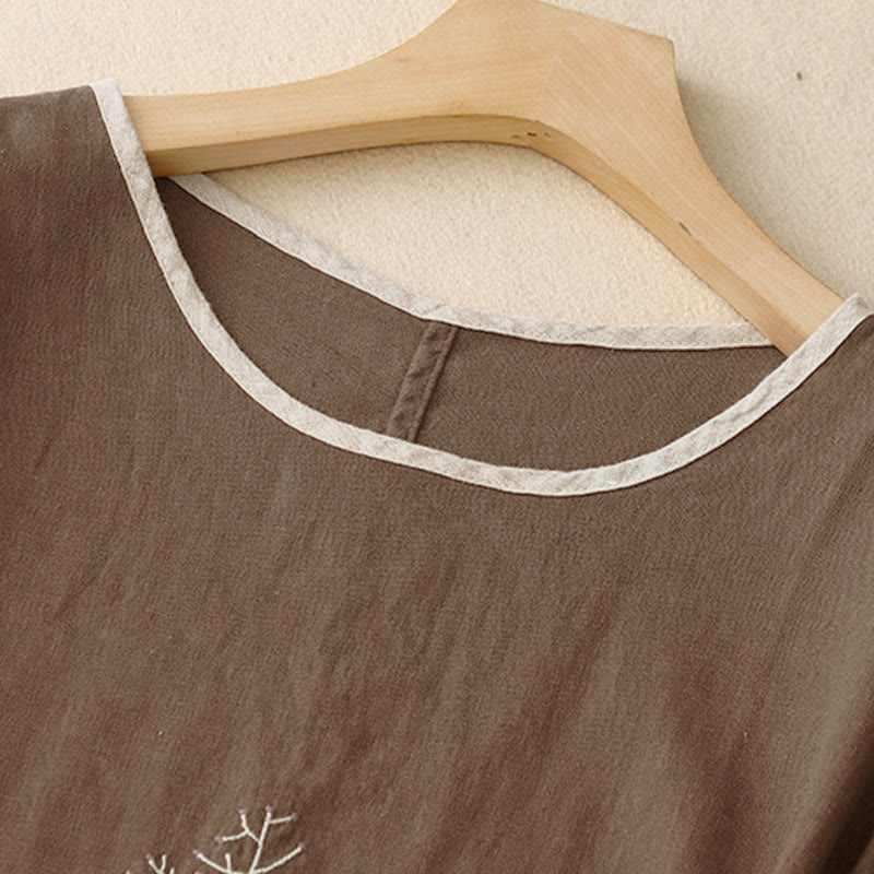 Buddha Stones Casual Embroidery Tree Drawstring Women's Crew Neck Design Half Sleeve T-Shirt