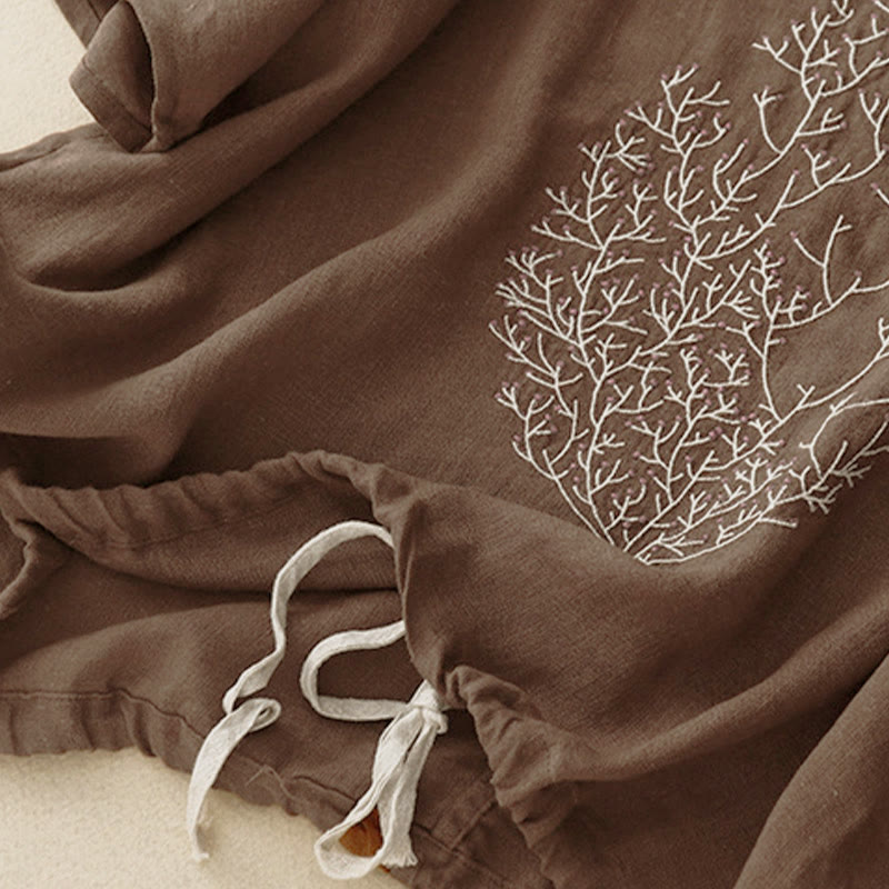 Buddha Stones Casual Embroidery Tree Drawstring Women's Crew Neck Design Half Sleeve T-Shirt