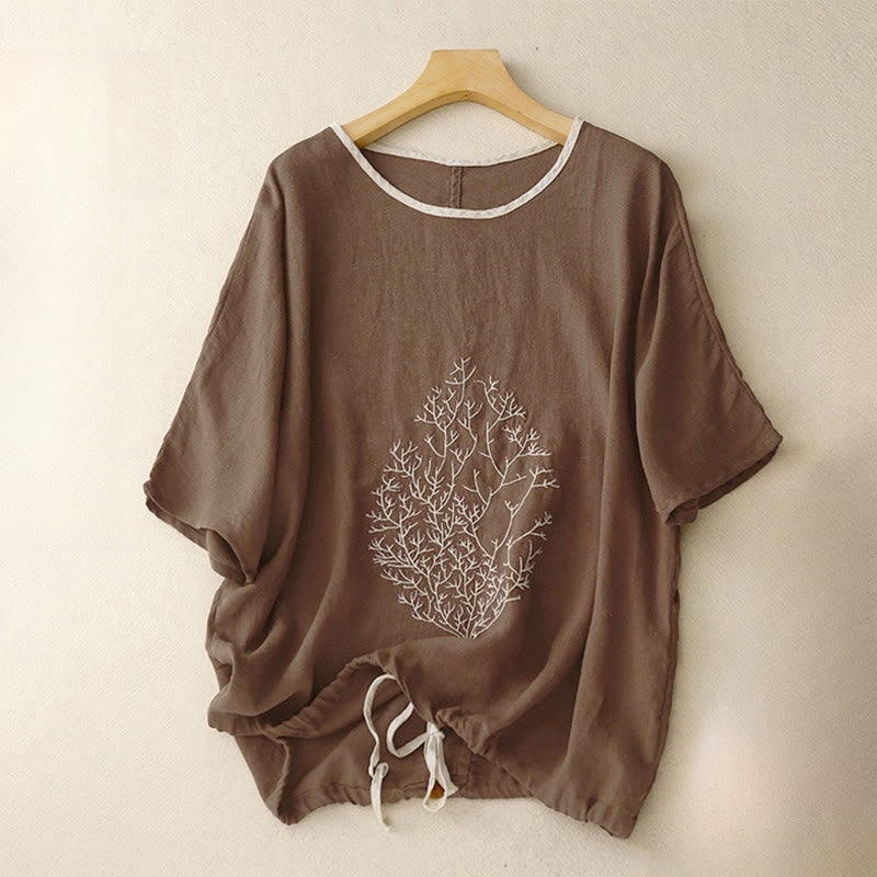 Buddha Stones Casual Embroidery Tree Drawstring Women's Crew Neck Design Half Sleeve T-Shirt