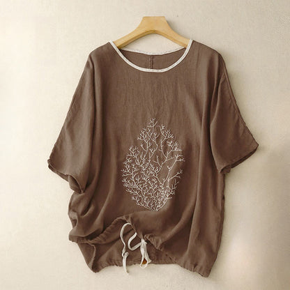 Buddha Stones Casual Embroidery Tree Drawstring Women's Crew Neck Design Half Sleeve T-Shirt