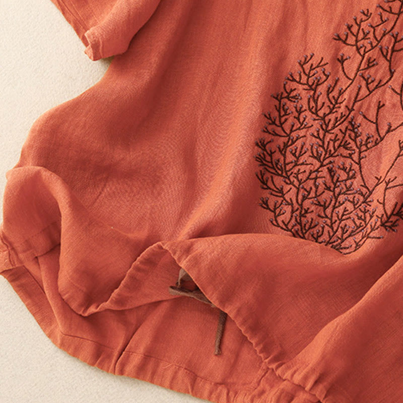 Buddha Stones Casual Embroidery Tree Drawstring Women's Crew Neck Design Half Sleeve T-Shirt