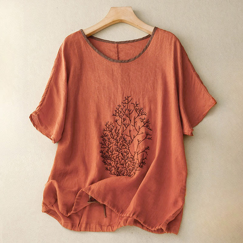 Buddha Stones Casual Embroidery Tree Drawstring Women's Crew Neck Design Half Sleeve T-Shirt