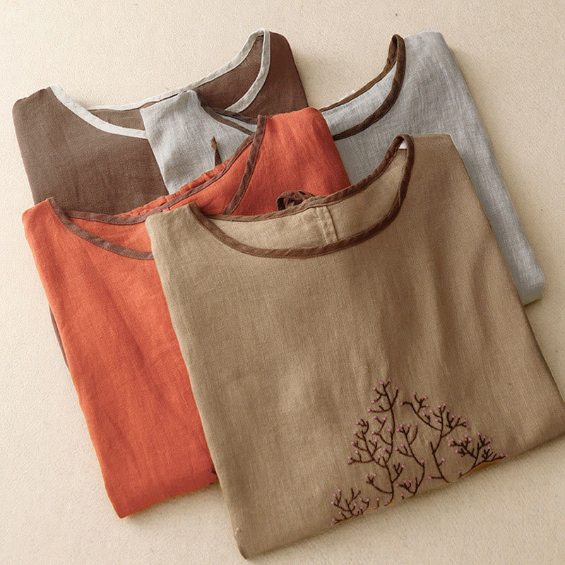 Buddha Stones Casual Embroidery Tree Drawstring Women's Crew Neck Design Half Sleeve T-Shirt