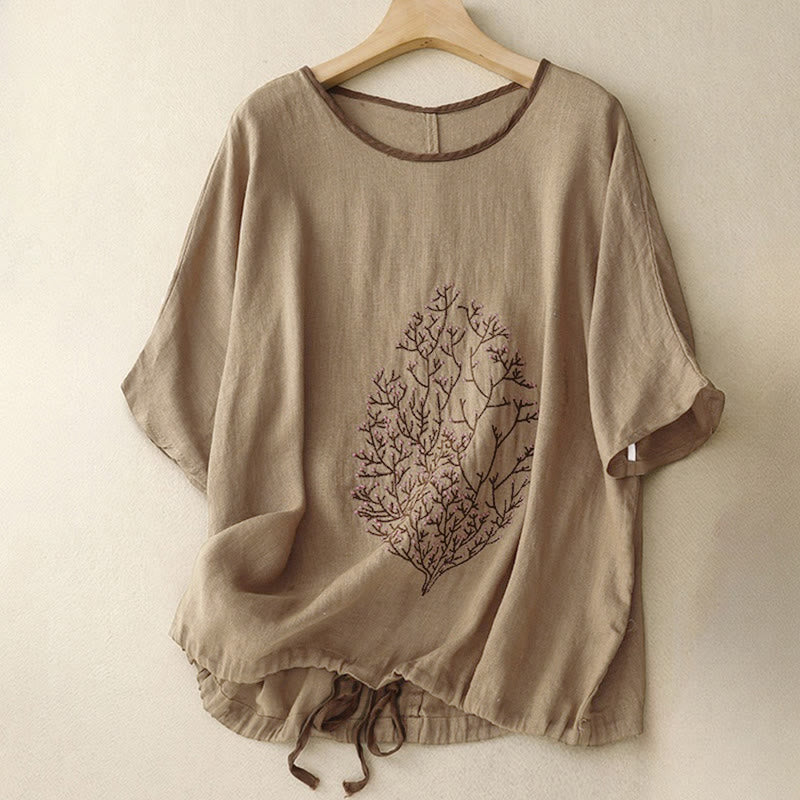 Buddha Stones Casual Embroidery Tree Drawstring Women's Crew Neck Design Half Sleeve T-Shirt