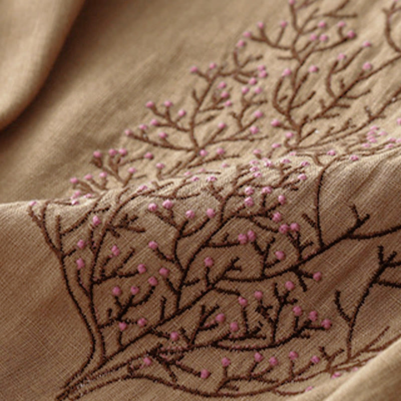 Buddha Stones Casual Embroidery Tree Drawstring Women's Crew Neck Design Half Sleeve T-Shirt