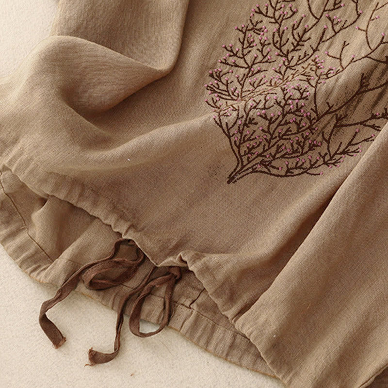Buddha Stones Casual Embroidery Tree Drawstring Women's Crew Neck Design Half Sleeve T-Shirt