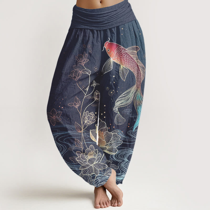 Buddha Stones Lotus Koi Fish Pattern Women's Elastic Waist Pure Cotton Harem Pants