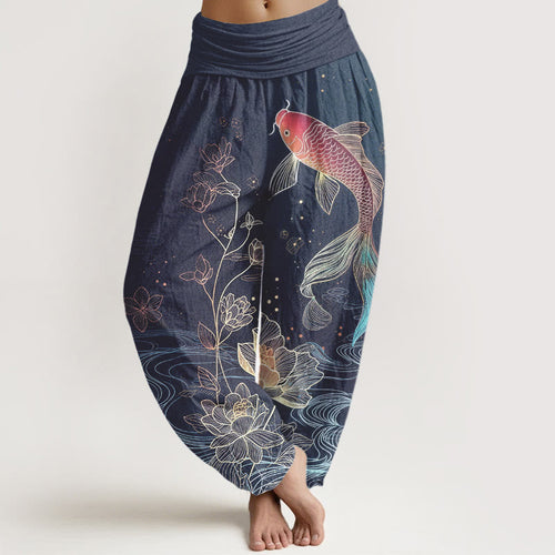 Buddha Stones Lotus Koi Fish Pattern Women's Elastic Waist Pure Cotton Harem Pants
