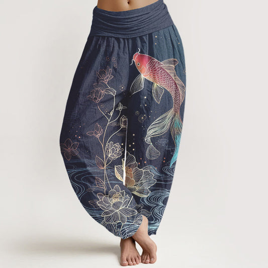 Buddha Stones Lotus Koi Fish Pattern Women's Elastic Waist Pure Cotton Harem Pants