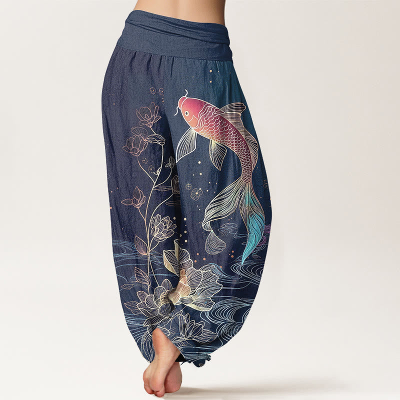 Buddha Stones Lotus Koi Fish Pattern Women's Elastic Waist Pure Cotton Harem Pants