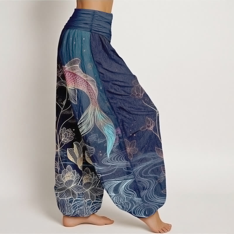 Buddha Stones Lotus Koi Fish Pattern Women's Elastic Waist Pure Cotton Harem Pants