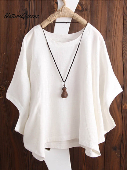 Women's Solid Color Loose Elegant Bat Sleeve Casual Cotton And Linen Shirt
