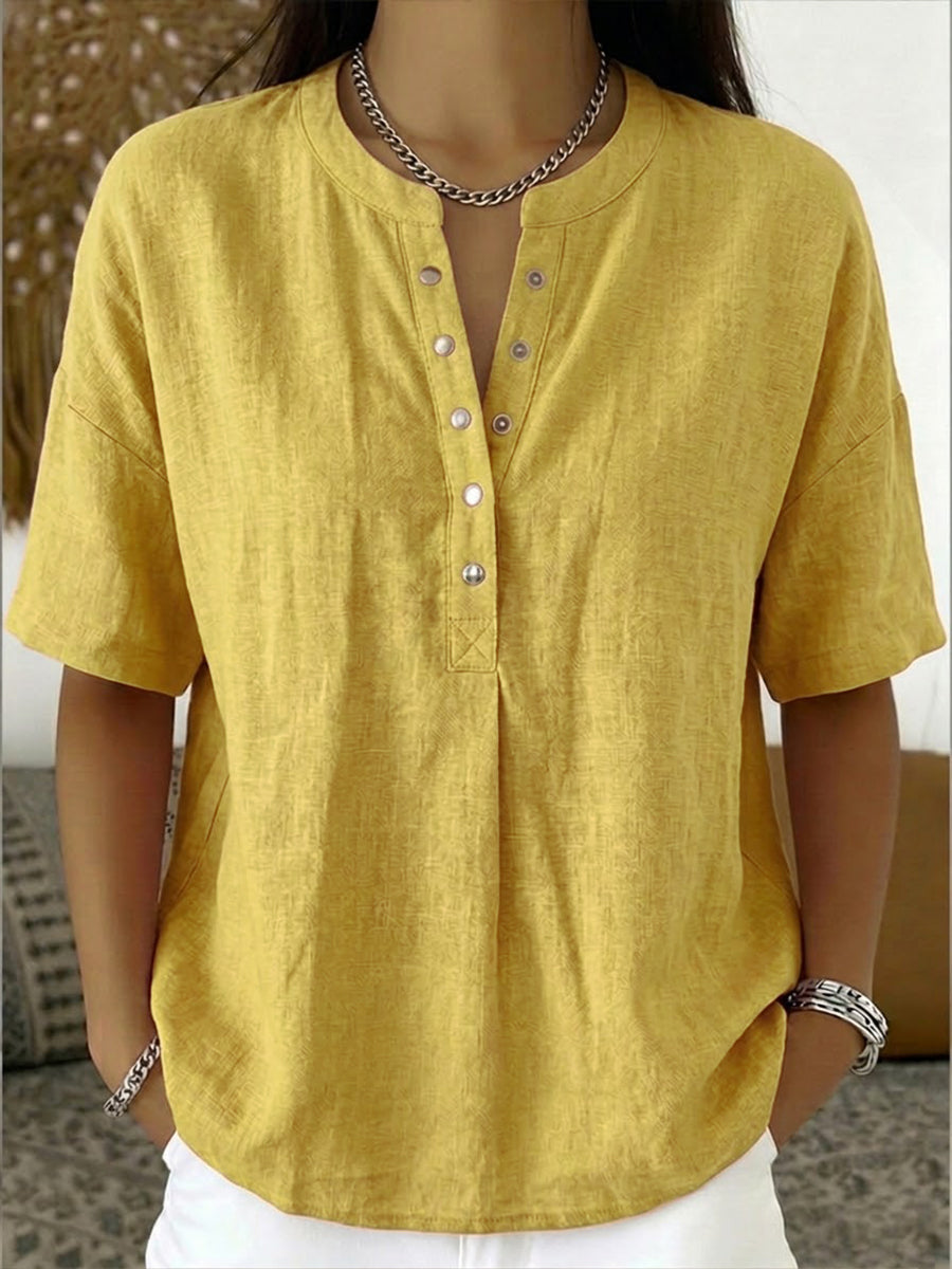 New Arrivals🔥 Women’s Casual Henley Collar Linen And Cotton Short-sleeve Shirt
