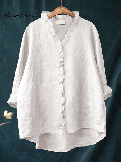 Women's Casual Cotton And Linen Ruffle Shirt