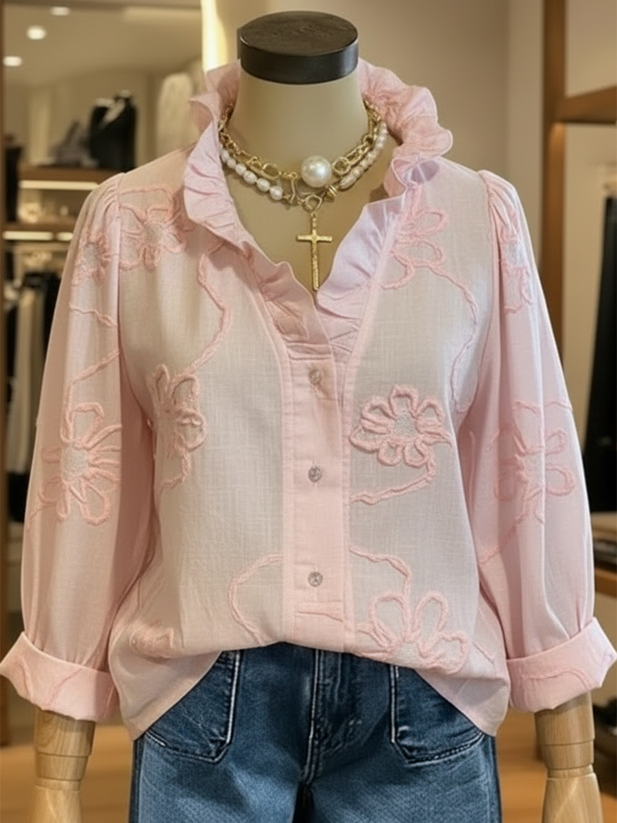 Casual Romantic Ruffled Collar Cotton Shirt