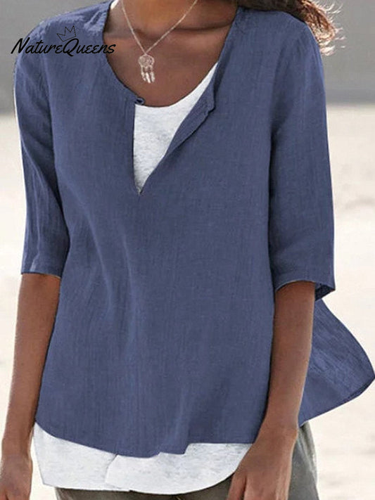 Women's Solid Color Loose Elegant Casual Cotton And Linen Mid-sleeve Shirt