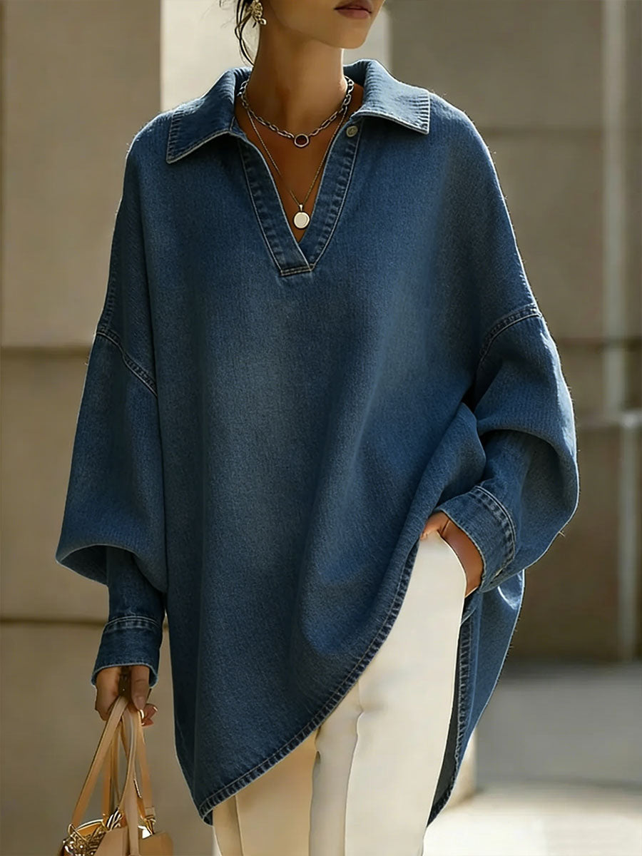 Women's Lapel Long-sleeved Casual Loose Denim Shirt