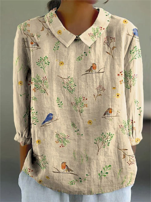 Women's Casual Retro Floral And Bird Print Shirt