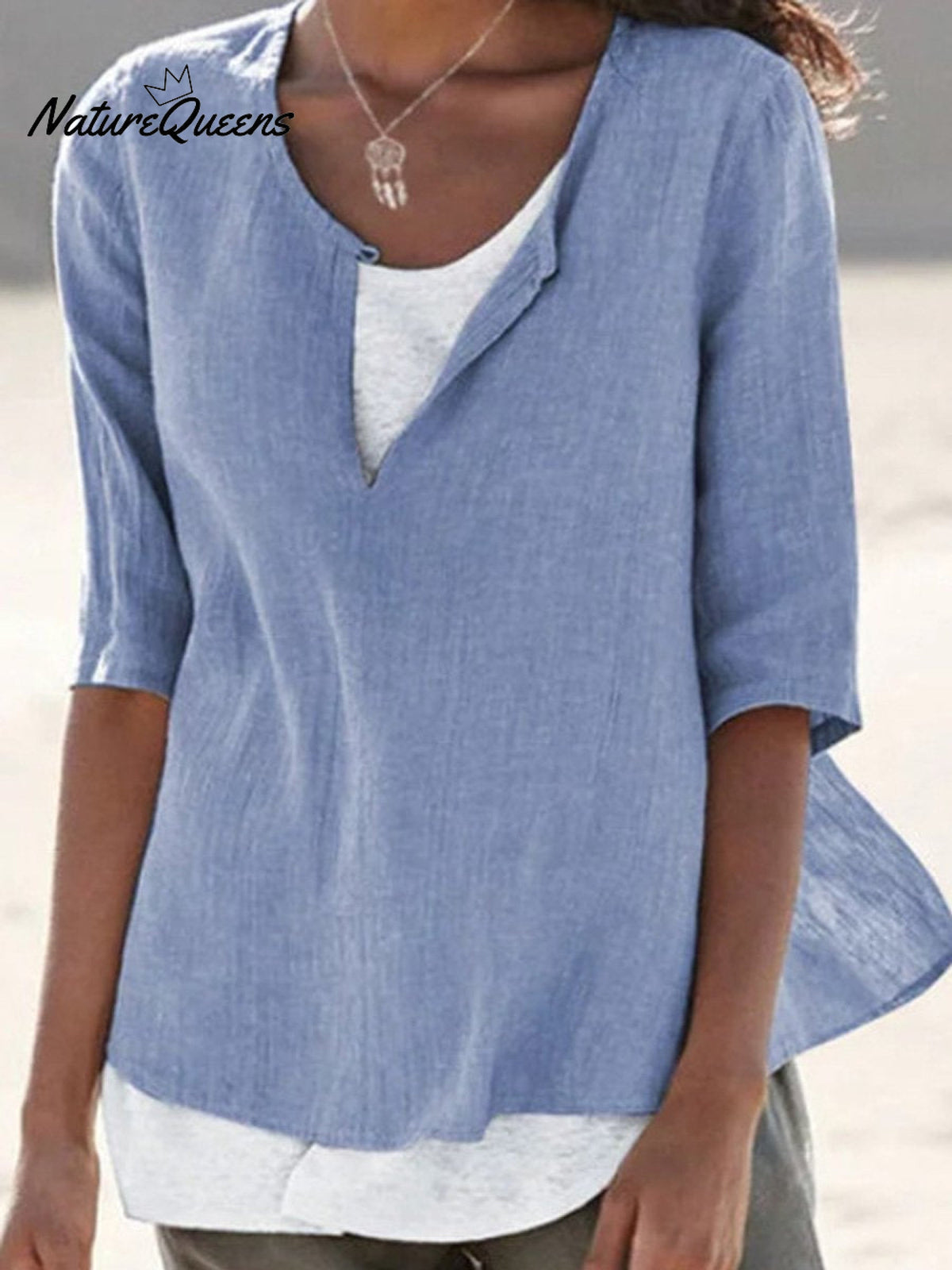 Women's Solid Color Loose Elegant Casual Cotton And Linen Mid-sleeve Shirt