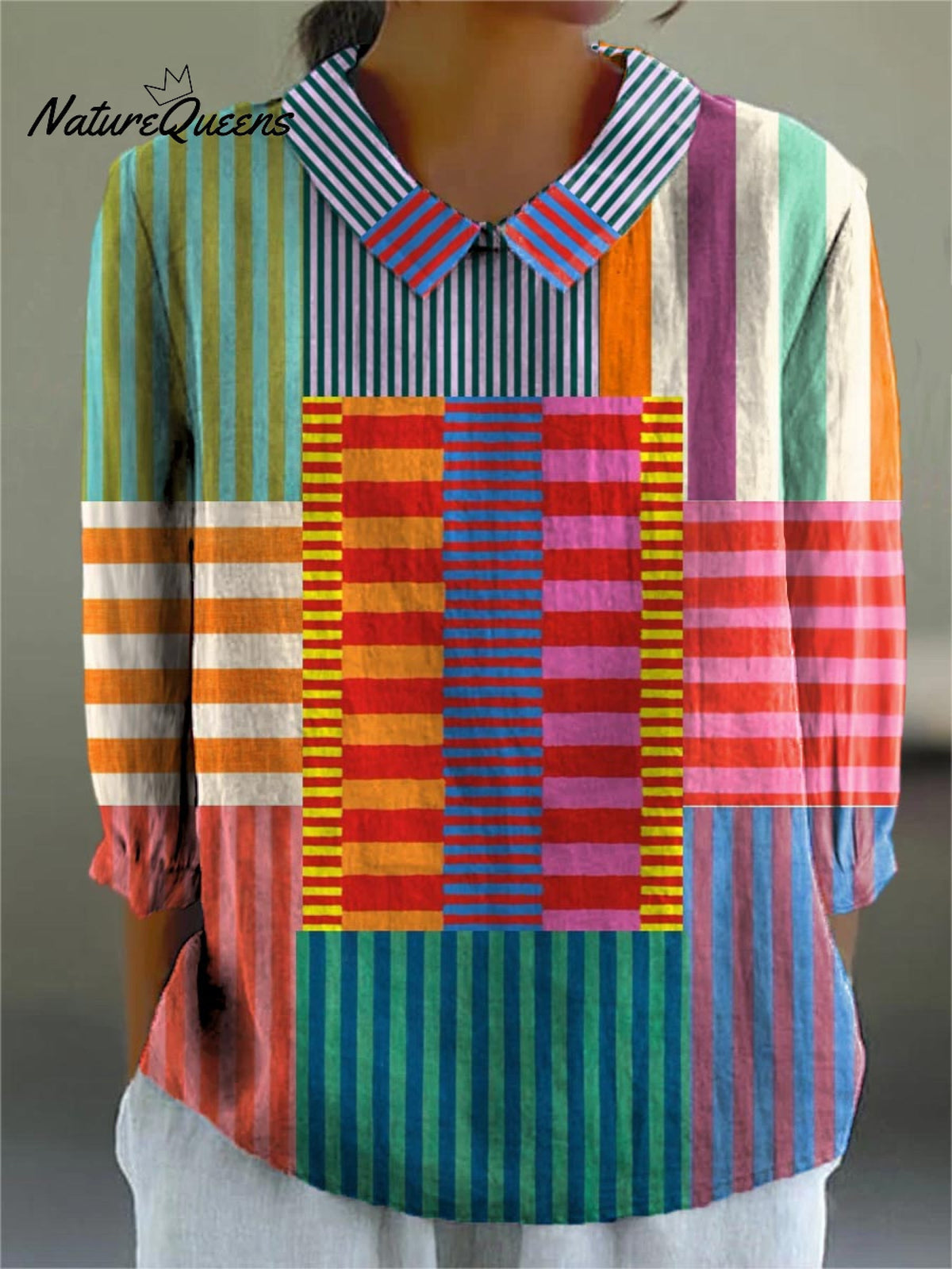Women's Geometric Line Pattern Art Print Casual Cotton And Linen 3/4 Sleeve Shirt
