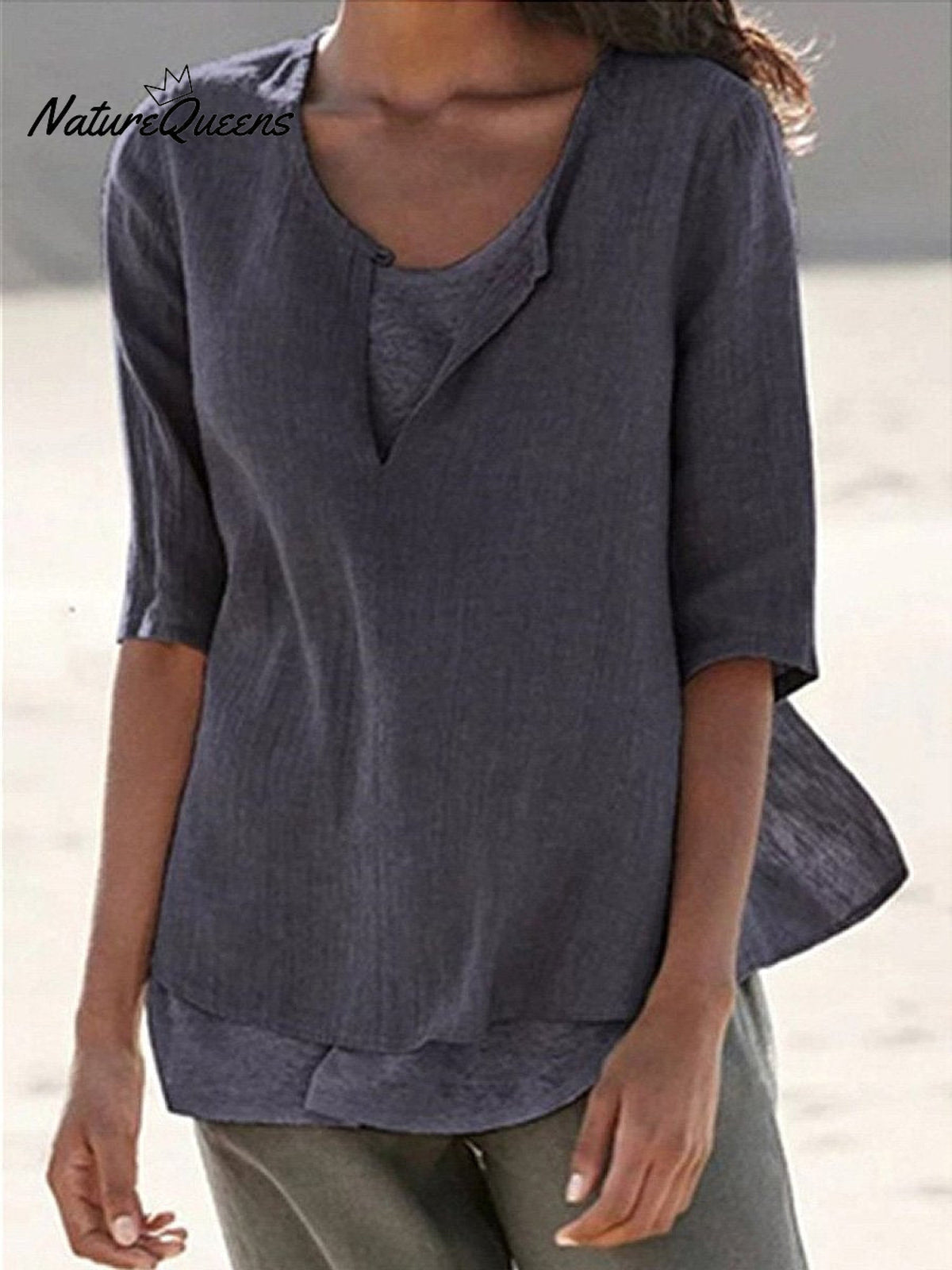 Women's Solid Color Loose Elegant Casual Cotton And Linen Mid-sleeve Shirt