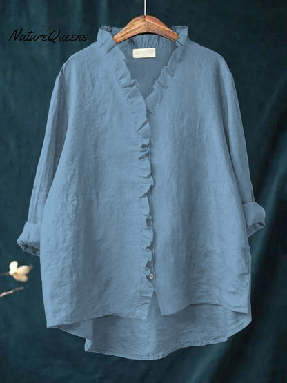Women's Casual Cotton And Linen Ruffle Shirt