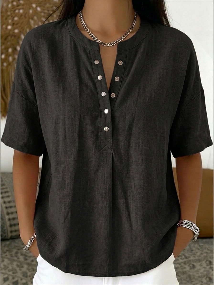 New Arrivals🔥 Women’s Casual Henley Collar Linen And Cotton Short-sleeve Shirt
