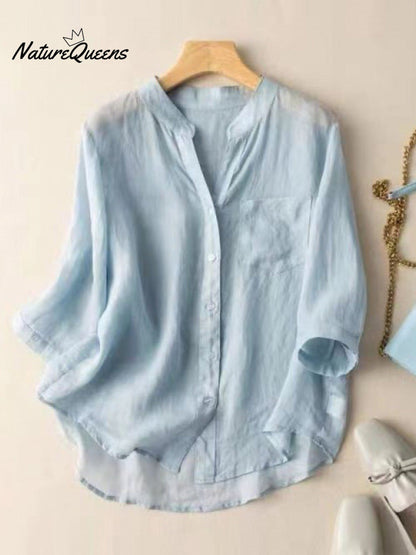 Women's V-neck Solid Color 3/4 Sleeve Casual Linen Cardigan Shirt