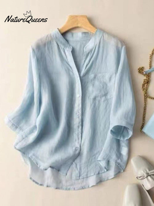 Women's V-neck Solid Color 3/4 Sleeve Casual Linen Cardigan Shirt
