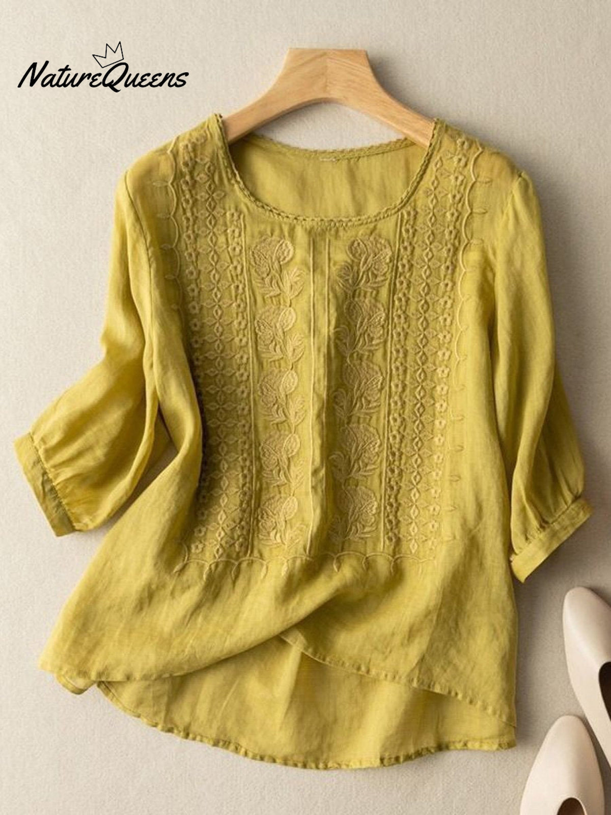 Women's Mid Sleeve Cotton And Linen Embroidery Blouse