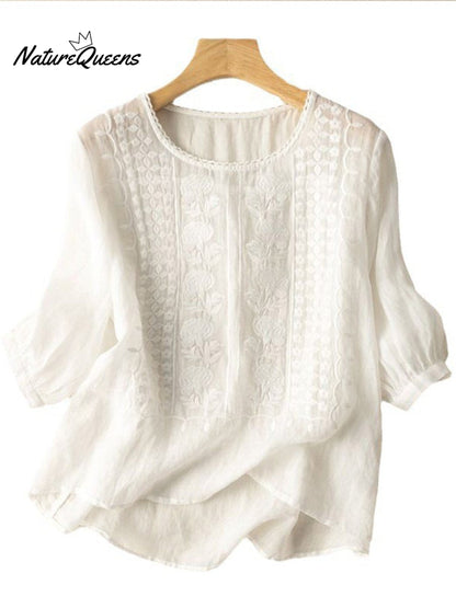 Women's Mid Sleeve Cotton And Linen Embroidery Blouse