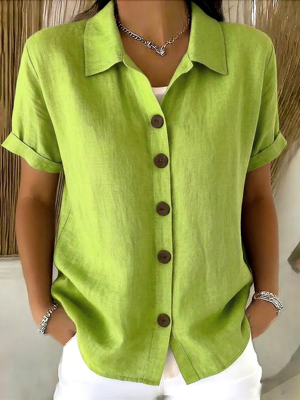 Women’s Linen Cotton Cozy Basic Button-Up Shirt – Casual Short Sleeve Summer Blouse