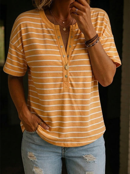 Cozy And Casual Henley Collar Striped Cotton T-shirt