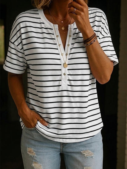 Cozy And Casual Henley Collar Striped Cotton T-shirt
