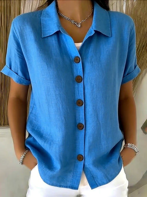 Women’s Linen Cotton Cozy Basic Button-Up Shirt – Casual Short Sleeve Summer Blouse