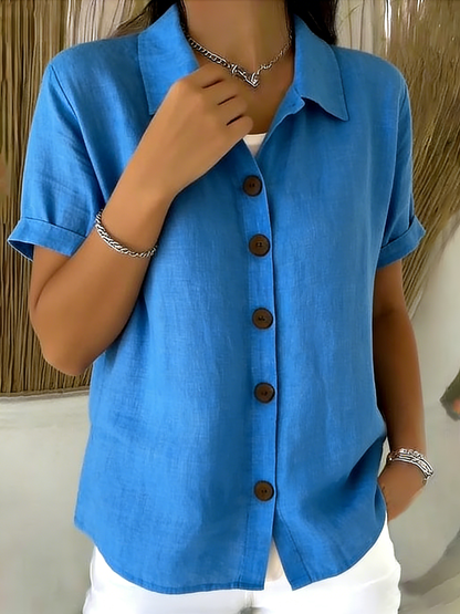 Women’s Linen Cotton Cozy Basic Button-Up Shirt – Casual Short Sleeve Summer Blouse
